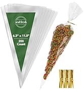 Seal Fresh Cone Cellophane Bags with Twist Ties - 6.3" x 11.8" (200 Count) - Clear Cone Shaped Tr...
