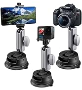 Three camera mounts with suction cup bases. Left holds a smartphone, center an action camera, and right a DSLR camera. Each mount has an adjustable arm for positioning.