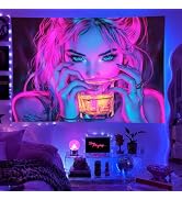 BlissYard Blacklight Anime Girl Tapestry 78x59 Inch Girl Poster | Cool Cute Woman UV Reactive Wal...
