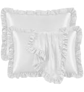 Q&J FABRIC CO. Ruffle Satin Pillow Cases Queen Size Set of 2, Ruffled Soft Cooling Silky Pillow S...