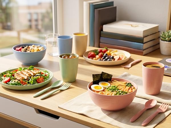 dorm room essentials dishes set for dorm microwavable bowl dinner plates bowl set drinking glasses