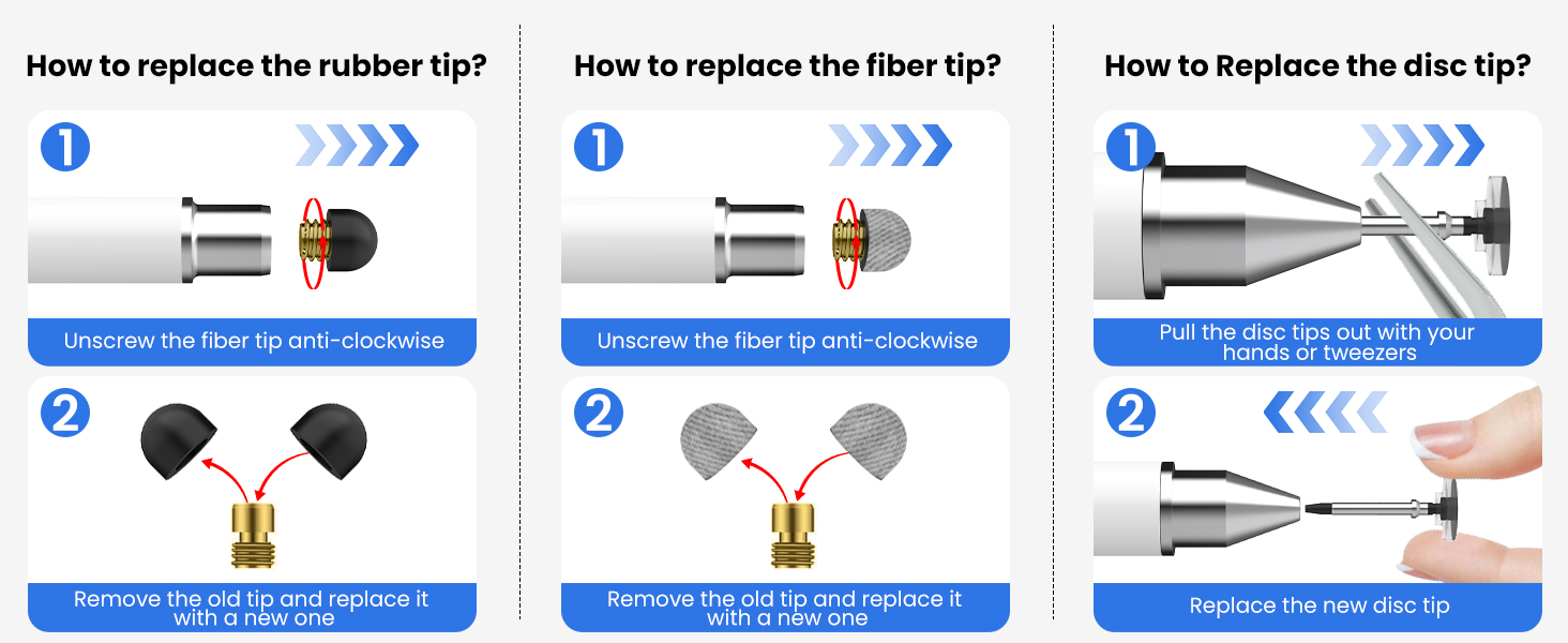 Easy to replace the rubber, disc and fiber stylus tips