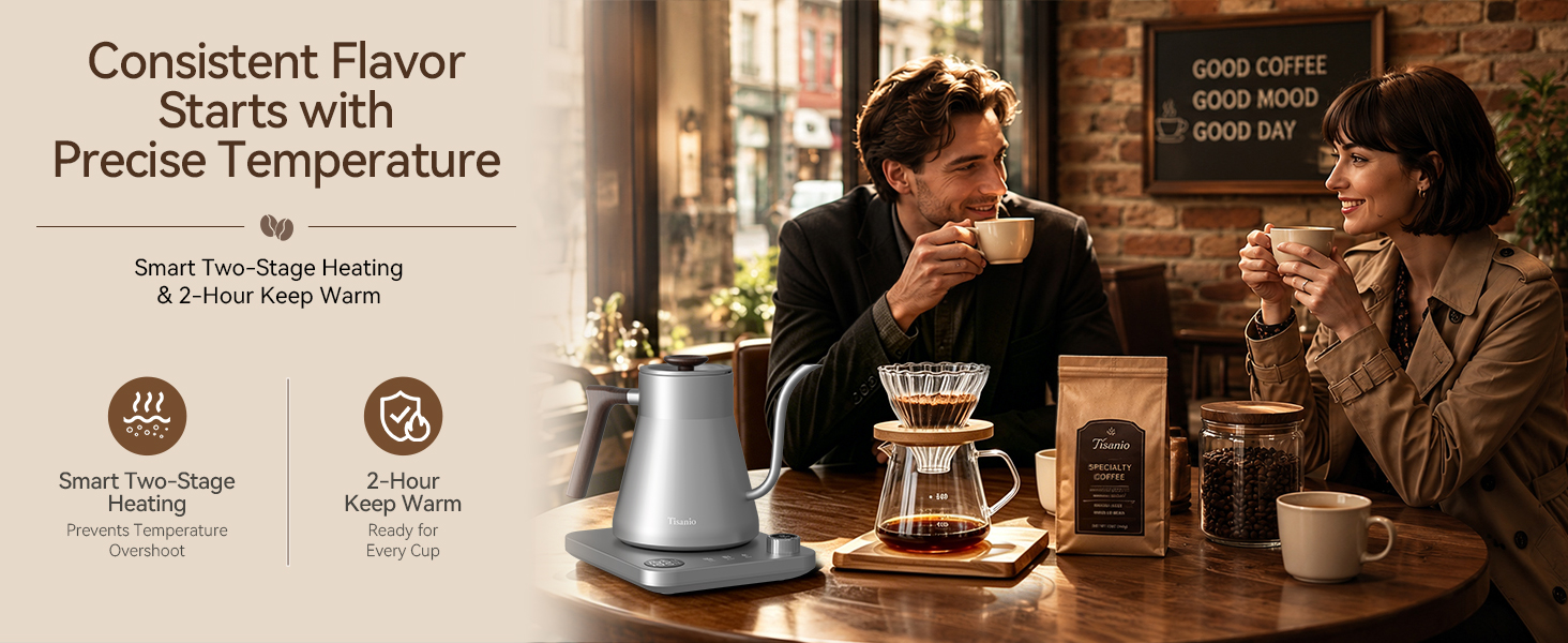 Couple enjoying pour over coffee with gooseneck kettle in café style scene