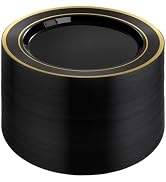BESTVIP 100PCS Black Plastic Plates, 10.25 Inch Disposable Dinner Plate Party with Gold Rim for C...