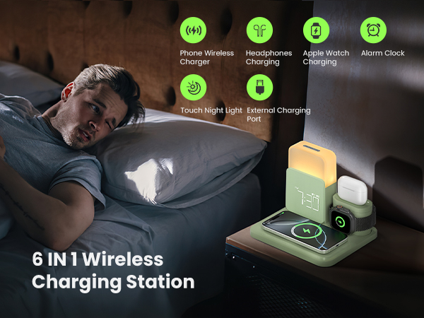 Wireless Charging Station, 7 in 1 Wireless Charger Stand with Alarm Clock