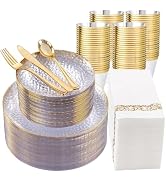 DaYammi 350PCS Clear Gold Plastic Dinnerware Set for 50 Guests, Hammered Disposable Plates for Pa...