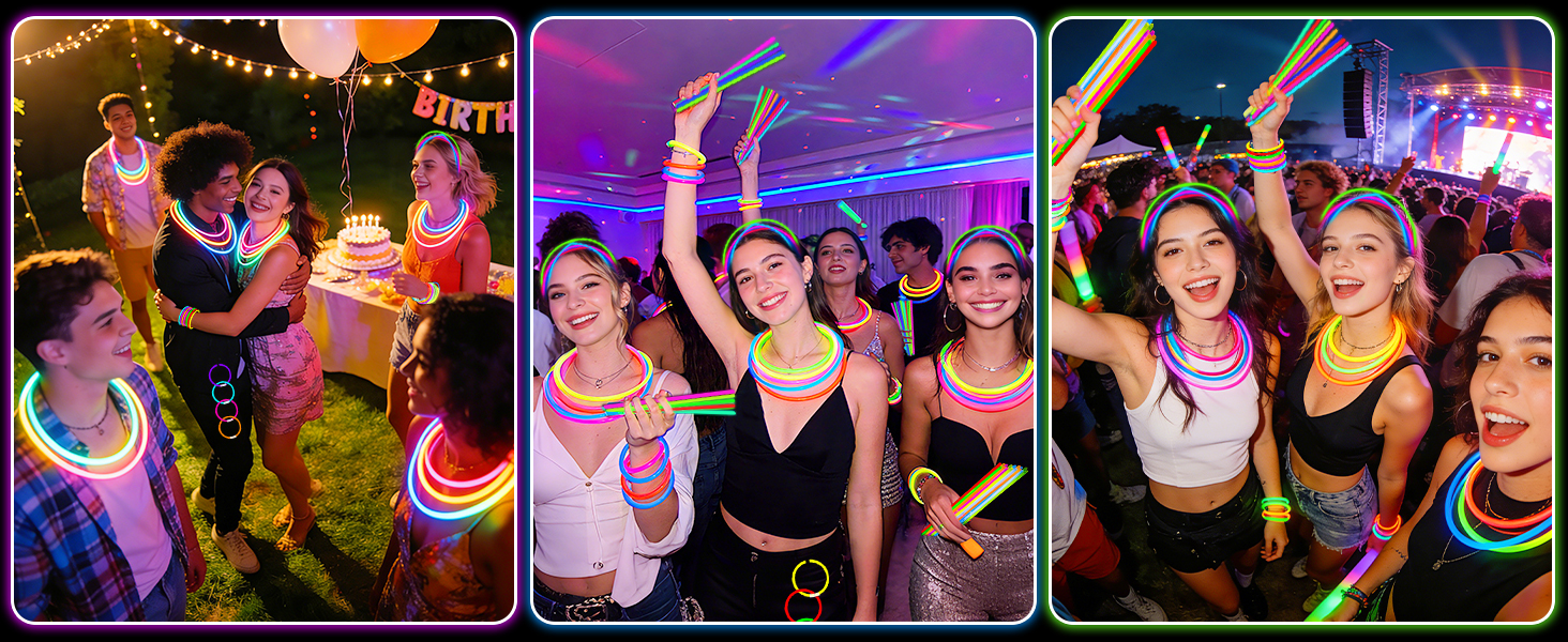 A group of people are using fluorescent sticks to celebrate a party.