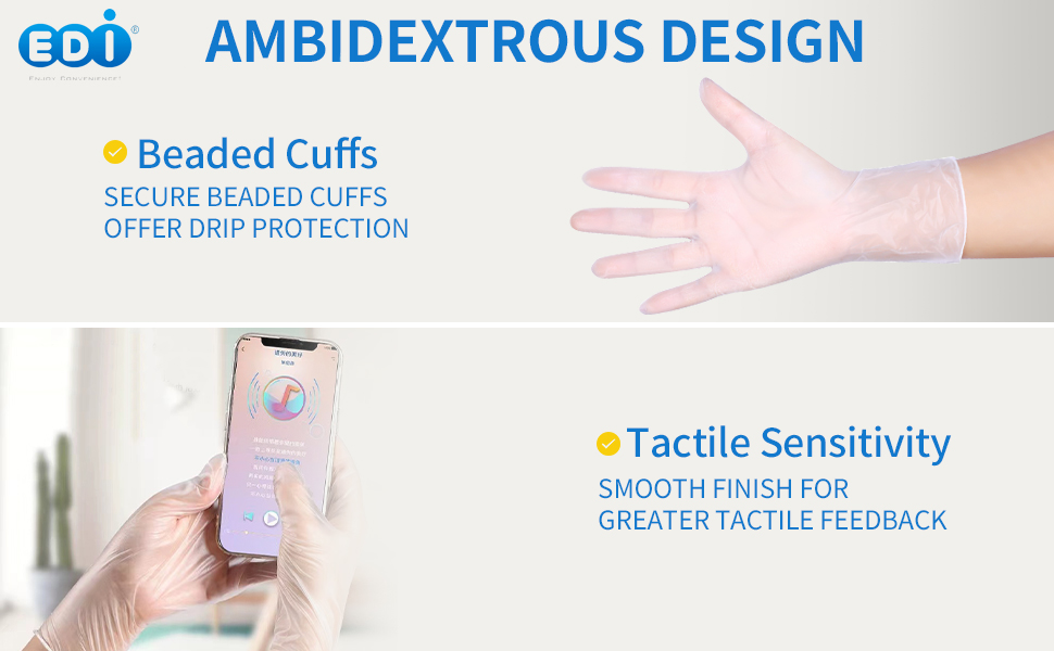 Ambidextrous design, beaded cuffs, tactile sensitivity