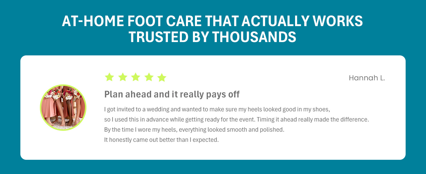 Bridesmaids' bare feet at wedding; 5-star review on smooth heels after using foot peel mask.
