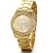 Gold-tone wristwatch with crystal-embellished bezel, chronograph subdials, and metal link bracelet. Features a round face with numeric markers and Geneva branding.