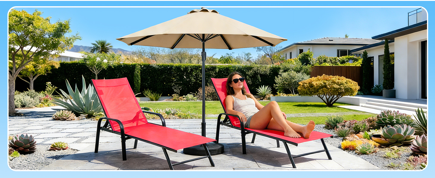 Chaise Lounge Chair, 5 Adjustable Beach Lounge Recliner Chair with Armrests, Outdoor