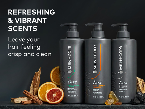 Dove Men Care shampoo bottles set. with orange slices, wood, and cinnamon, vibrant scents.