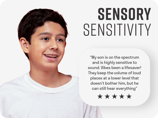 Happy boy with hearing sensitivity looking calm and relaxed because of decibel reducing earplugs