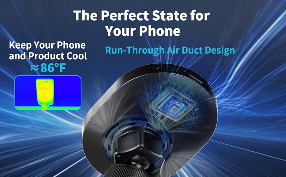 Black cooling device with air duct design, featuring temperature indicator and blue energy visualization graphics. Designed to maintain phone temperature at 86°F.