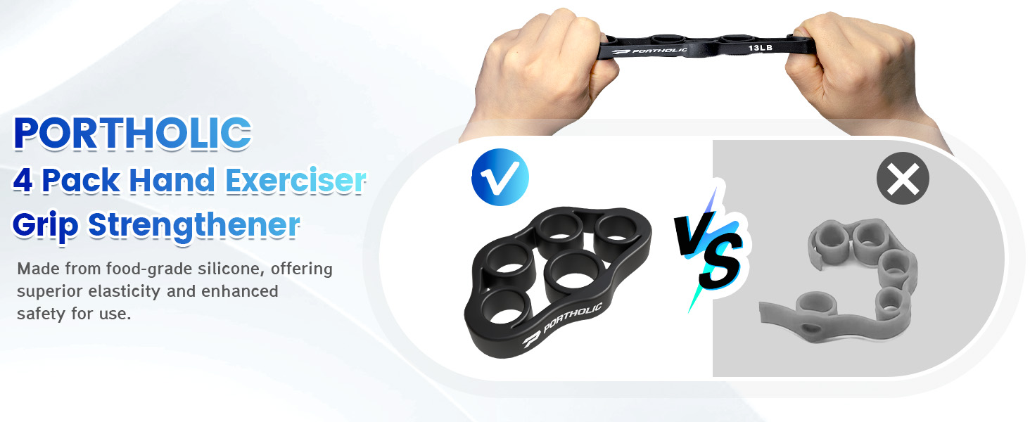 Hand exerciser grip strengthener set. Four silicone devices shown: two black, two gray. Hands demonstrating stretching of one device. Product offers elasticity and safety for use.