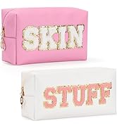 WantGor 2Pcs Cosmetic Toiletry Bags, Preppy Patch Letter Makeup Bag Large Zipper Pouch Storage Po...
