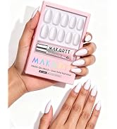 Makartt Press On Nails - Cloud White, Medium Almond, 30 Pc Full Kit | UV Finished, Micro-Curved F...