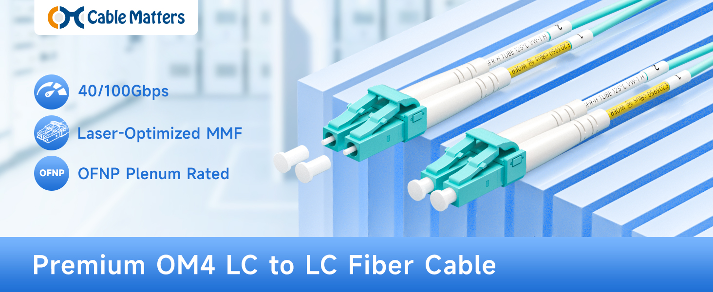 Cable Matters OM3 LC to LC fiber patch cable for 10G SFP+ network connections in data centers