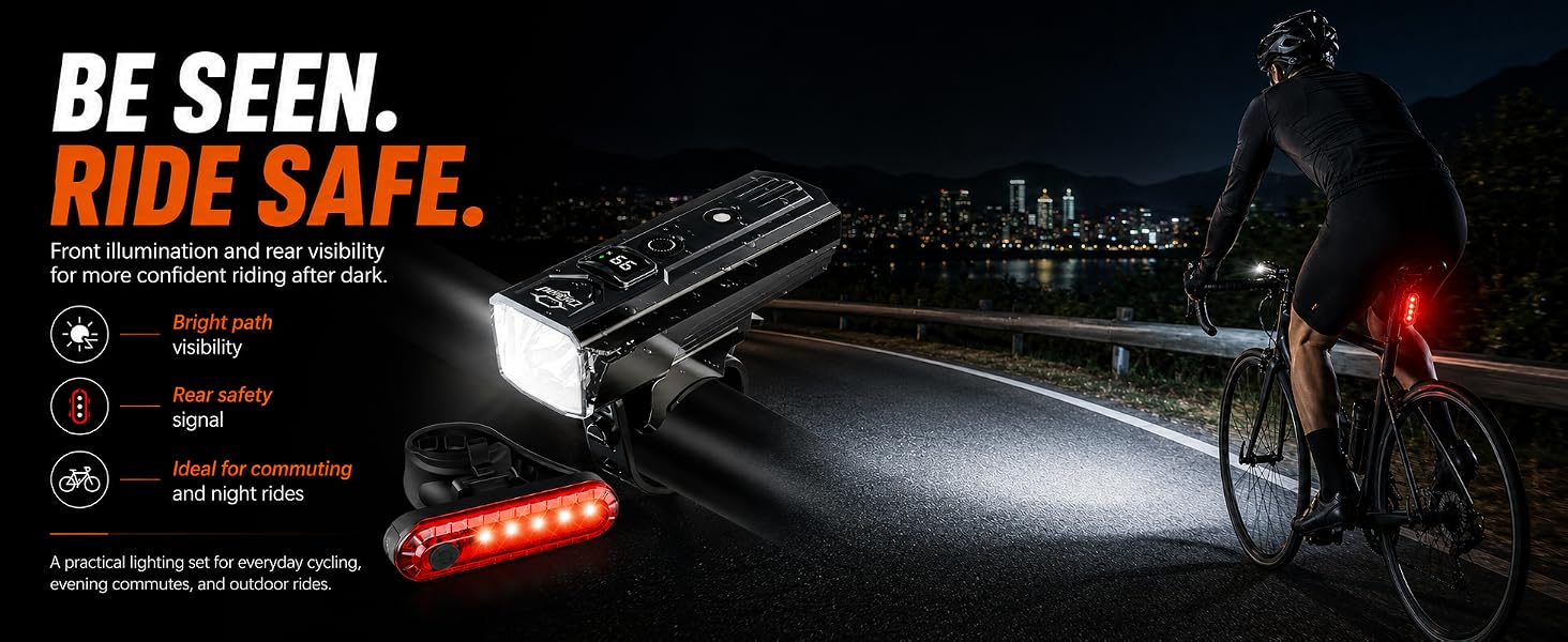 Front and rear bike light set improves safety for night cycling commutes