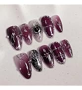 30Pcs Dark Purple Gothic Press On Nails Almond Medium Fake Nails with Rhinestone Design,Glossy Si...