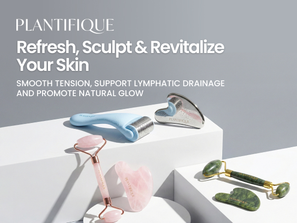 Plantifique jade roller set for self-care on a colorful background