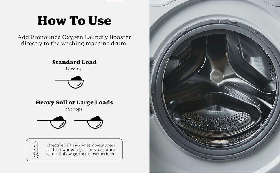 how to use oxygen laundry booster powder 1-2 scoops in washing machine drum for clothes towels