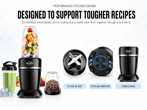 Sangcon blender combines a six-leaf blade, cooling airflow and stable base for tougher recipes.