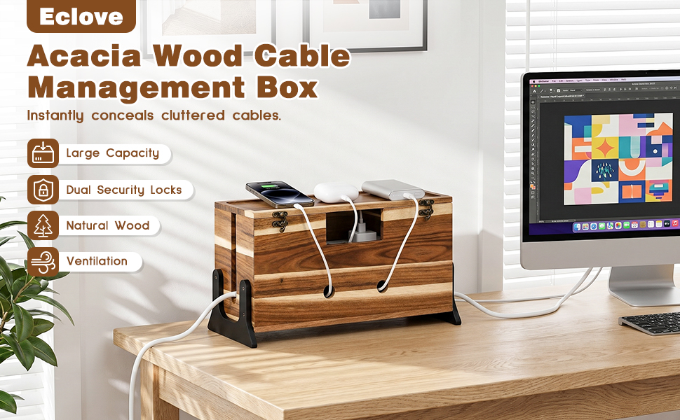 A sleek Eclove solid wood cable management box hiding messy power cords on a minimalist desk.
