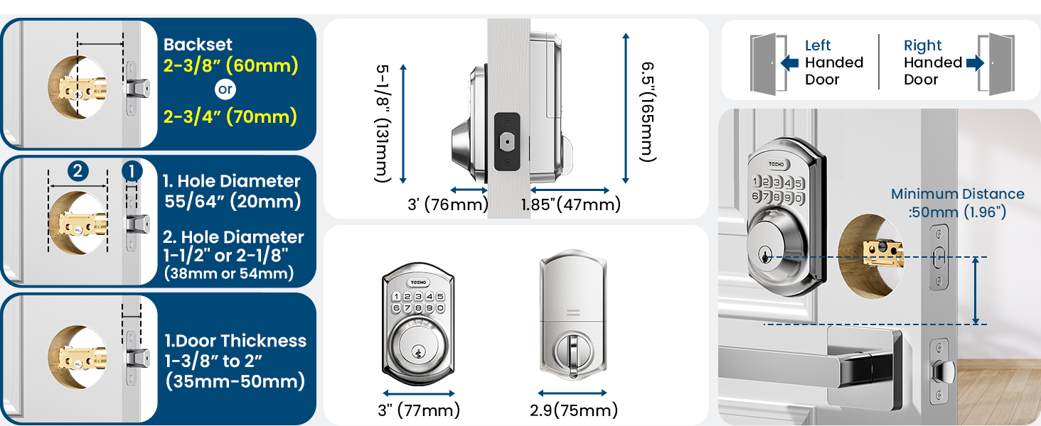 it fits doors with 38mm or 54 mm door holes, 60/70 mm backset, and 35–50 mm door thickness