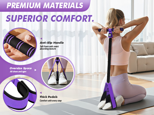 Woman using a purple resistance band; highlights anti-slip handles and thick, comfy pedals.