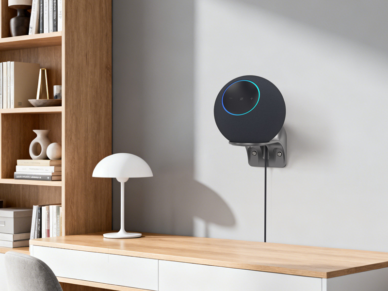 Modern spherical black smart device mounted on white wall, next to wooden floating shelf with white mushroom-style table lamp.