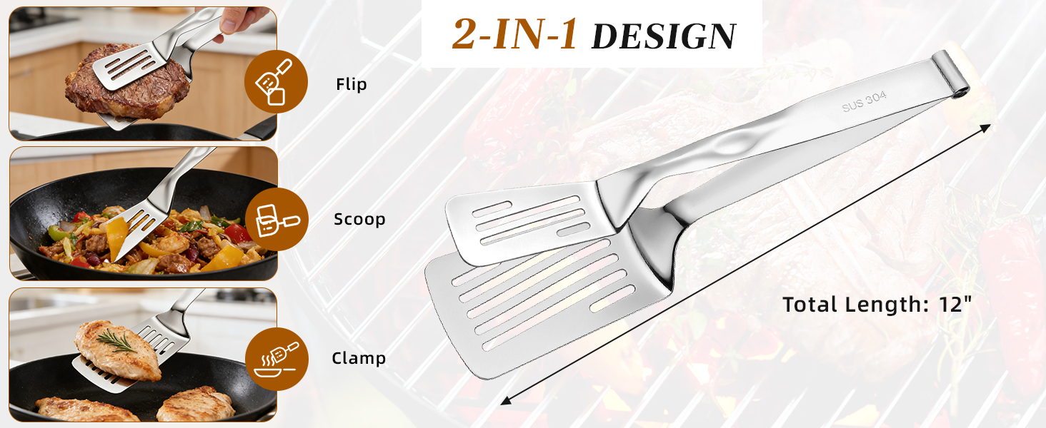 Demonstration of flipping, scooping, and clamping steak and vegetables with spatula tongs.