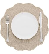 SHACOS Scalloped Round Placemats Set of 6 Polyester Linen Blend 15 inch Washable Non Slip Place M...