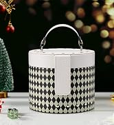 Vlando Travel Jewelry Organizer, Leather barrel-shaped Jewelry Box in Green-Black Diamond Lattice...