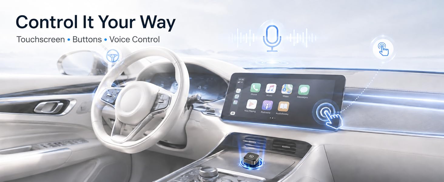 Wireless adapter supports touchscreen, button, and voice control in car.