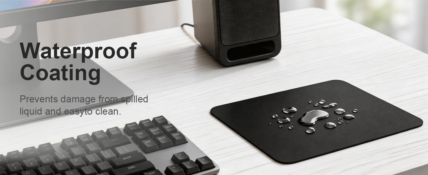 Text reads 'Waterproof Coating'. Black rectangular mat with waterproof surface displayed against white background with product details visible.