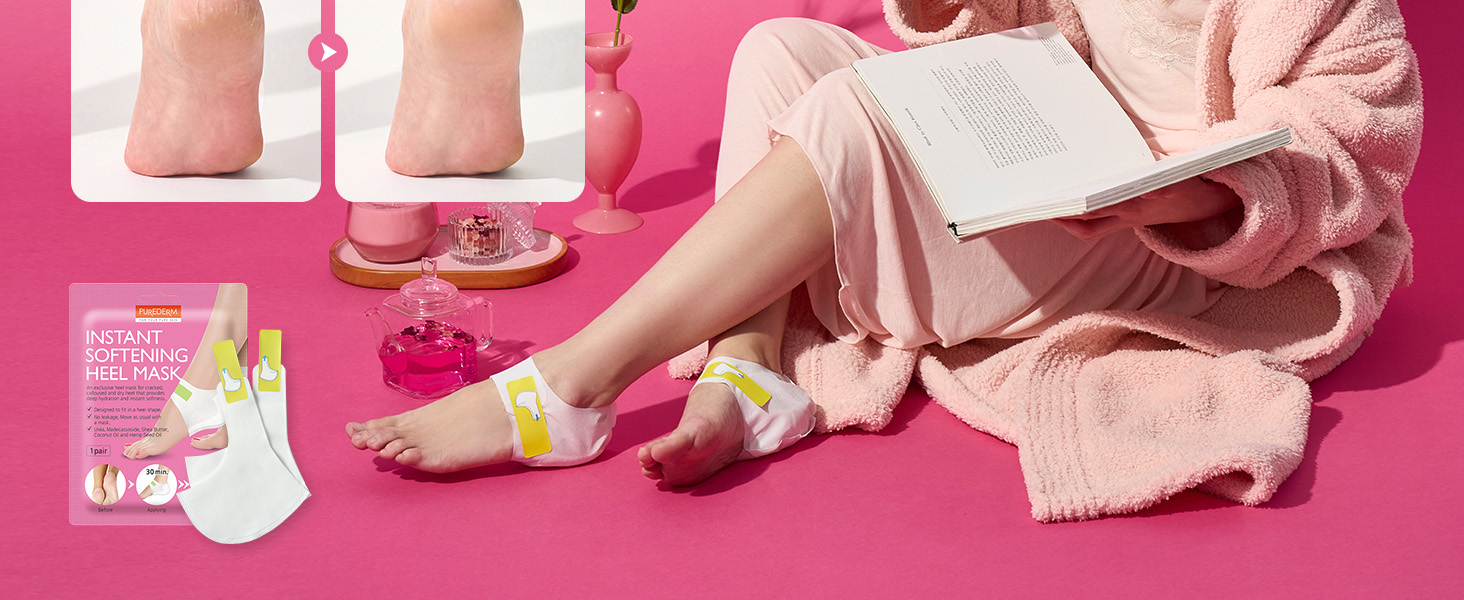 Woman relaxing on pink background; instant heel softening mask, no peeling, hydration icons.