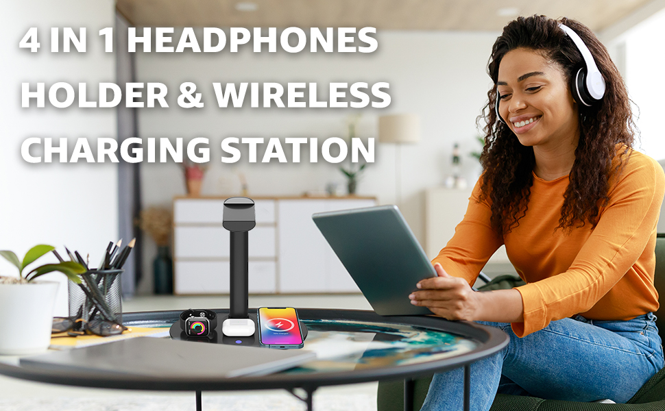 4 in 1 headphones holder and wireless charging station, headset stand headset stand for desk