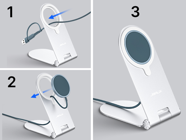 Three-panel instruction guide showing foldable phone or device stand assembly, demonstrating position adjustments from flat to upright viewing angles.