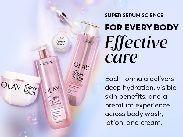 Olay Super Serum products on blue background promoting effective care and deep hydration