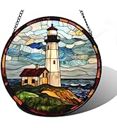 DASTOLL Stained Glass Window Hanging, Ocean Lighthouse Sun Catchers Glass Panel Blue Green Suncat...