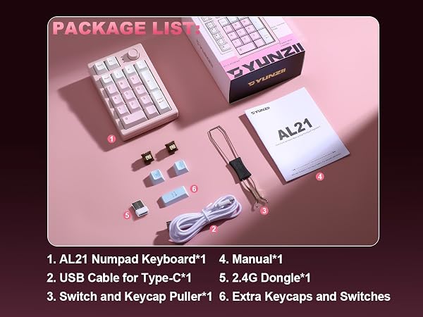 Text reads "PACKAGE LIST", "1. AL21 Messed Keyboard", "2. USB Cable for Type-C", "3. Switch and Keycap Puller", "4. Manual", "5. Stabilizer", "6. Extra Keycaps and Switches". Pink background displays mechanical keyboard components including keyboard unit, USB cable, tools, manual, stabilizers, and spare keycaps.