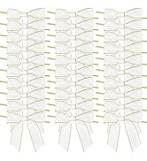 AIMUDI Satin Twist Tie Bows 3.5" White Bows Premade Ribbon Bows with Gold Edge Pretied Bows for T...