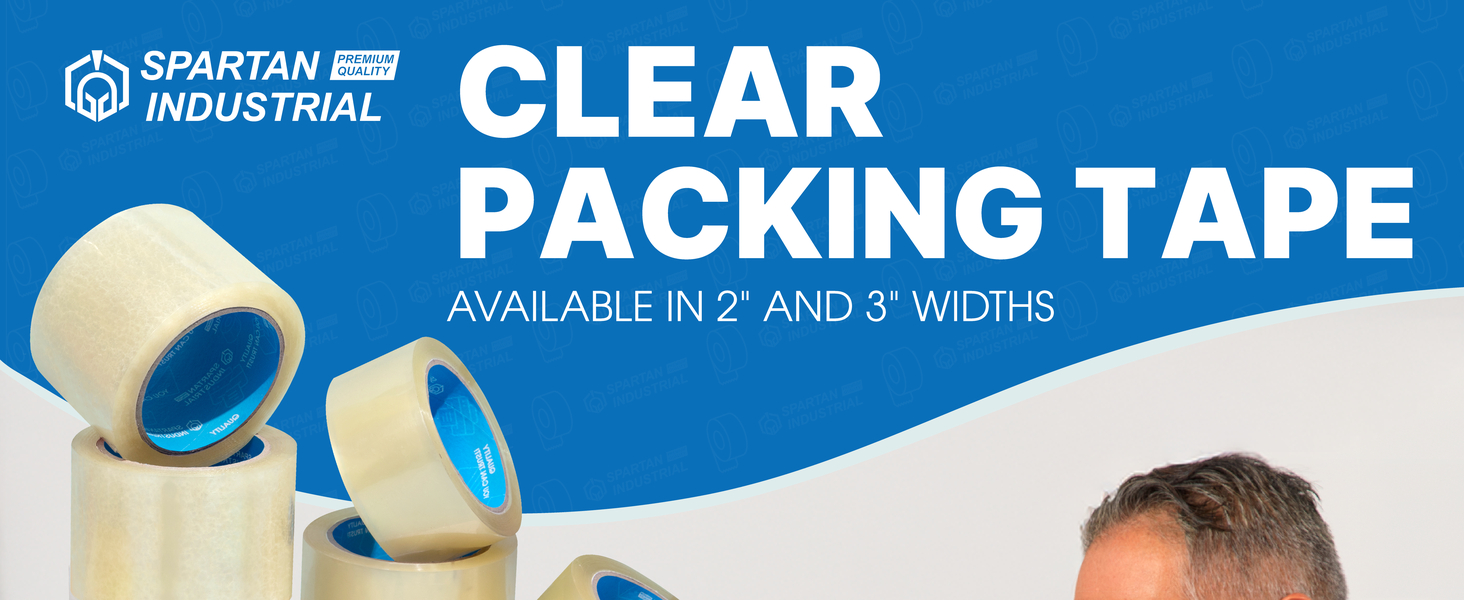 The Spartan Industrial logo and the text “Clear Packing Tape; available in 2 inch and 3 inch widths”