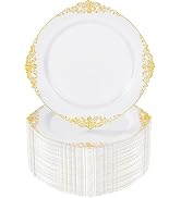 Nervure 100Pcs White and Gold Plastic Plates - 7.5inch Gold Disposable Plates - Heavyweight Plast...