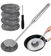 PXIRQ 6Pcs Steel Wool Scrubber with Long Handle - Stainless Steel Scrub Brush Set for Scouring St...