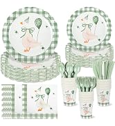 175PCS One Silly Goose Birthday Party Tableware Set, Sage Green Gingham Party Supplies for 25 Gue...