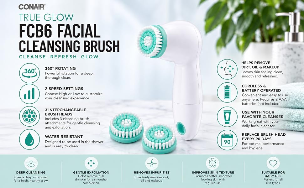 Conair True Glow FCB6 facial cleansing brush with three interchangeable heads and two speeds.