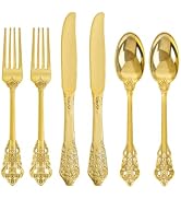 bUCLA HEAVYWEIGHT 300PCS Gold Plastic Silverware Disposable - Extra Heavy Duty Plastic Cutlery - ...