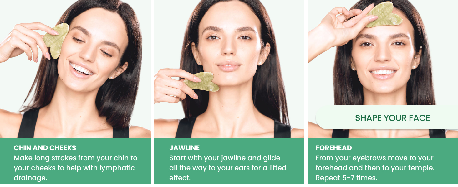 Woman using the Plantifique gua sha on cheeks and jawline for facial massage